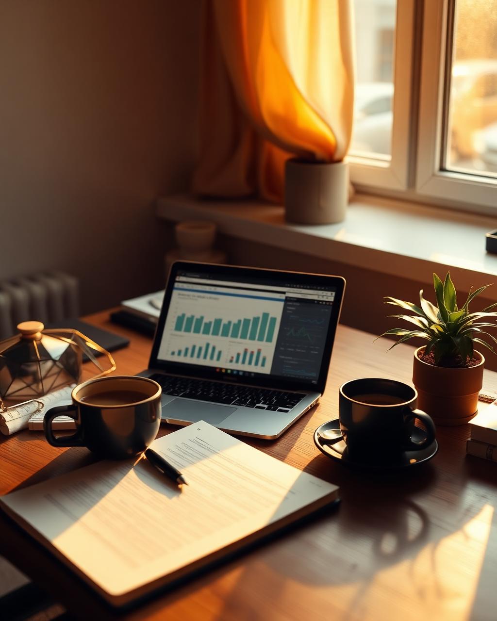 Werkplek van een ondernemer met laptop, notitieboek en koffie in het ochtendlicht